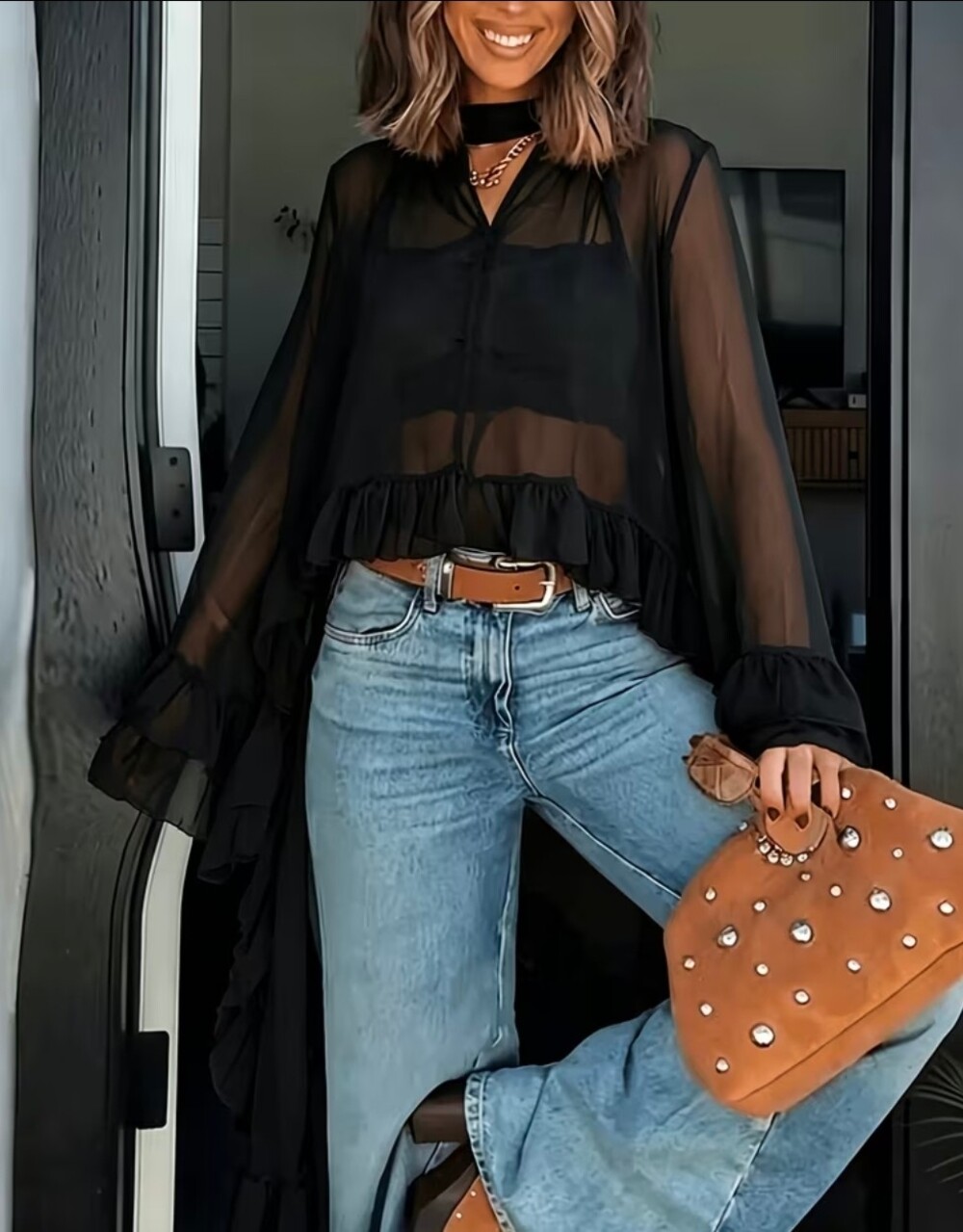 Black Sheer Ruffle Blouse Tie-Neck Collar Long Bell Sleeve